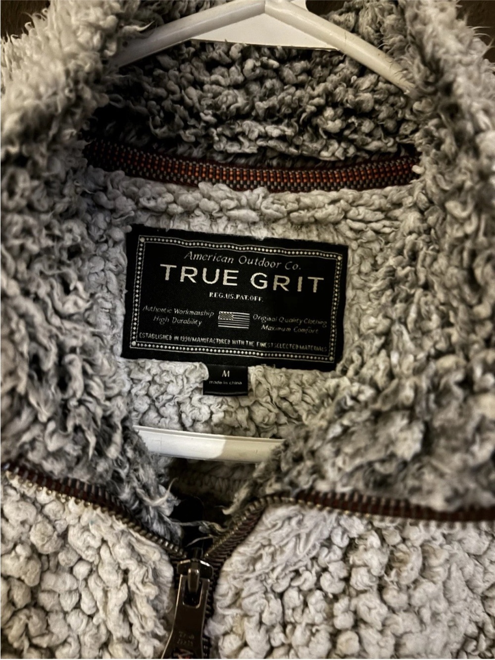 True Grit Plush Sherpa Jacket in Light Gray with Brown Trim